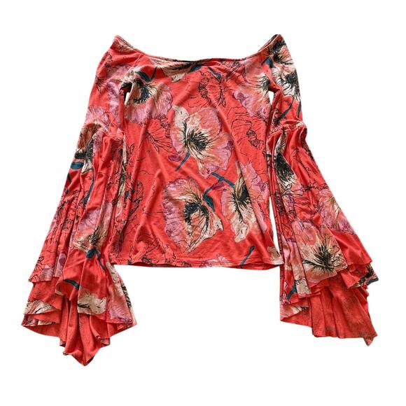 Free People Birds of Paradise Coral Orange Floral Print Top XS - Picture 7 of 8